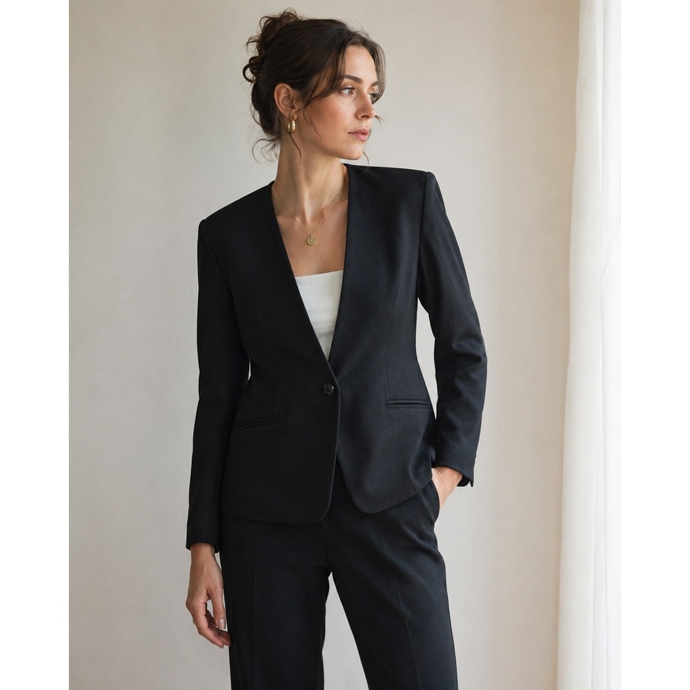 Oleg Cassini Blazer 10P Black 90s Minimalist Woolmark Collarless Wool Jacket